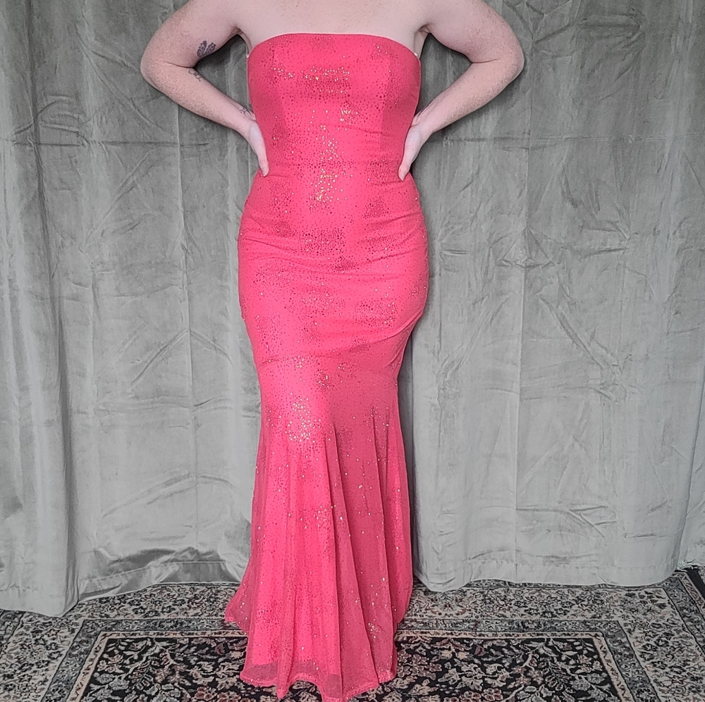 y2k Gunne Sax Coquette McBling Strapless Pink Rhinestone Style Maxi Formal Dress